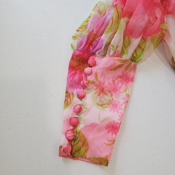 VINTAGE Floral Chiffon Maxi Dress Womens Small Pink Ruffle Neck Puff Sleeve 70s - Picture 8 of 11